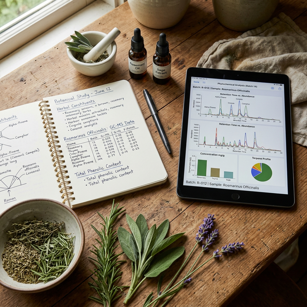 Notebook with botanical study notes, fresh herbs, herb samples in bowl, essential oil bottles, and tablet showing phytochemical analysis charts