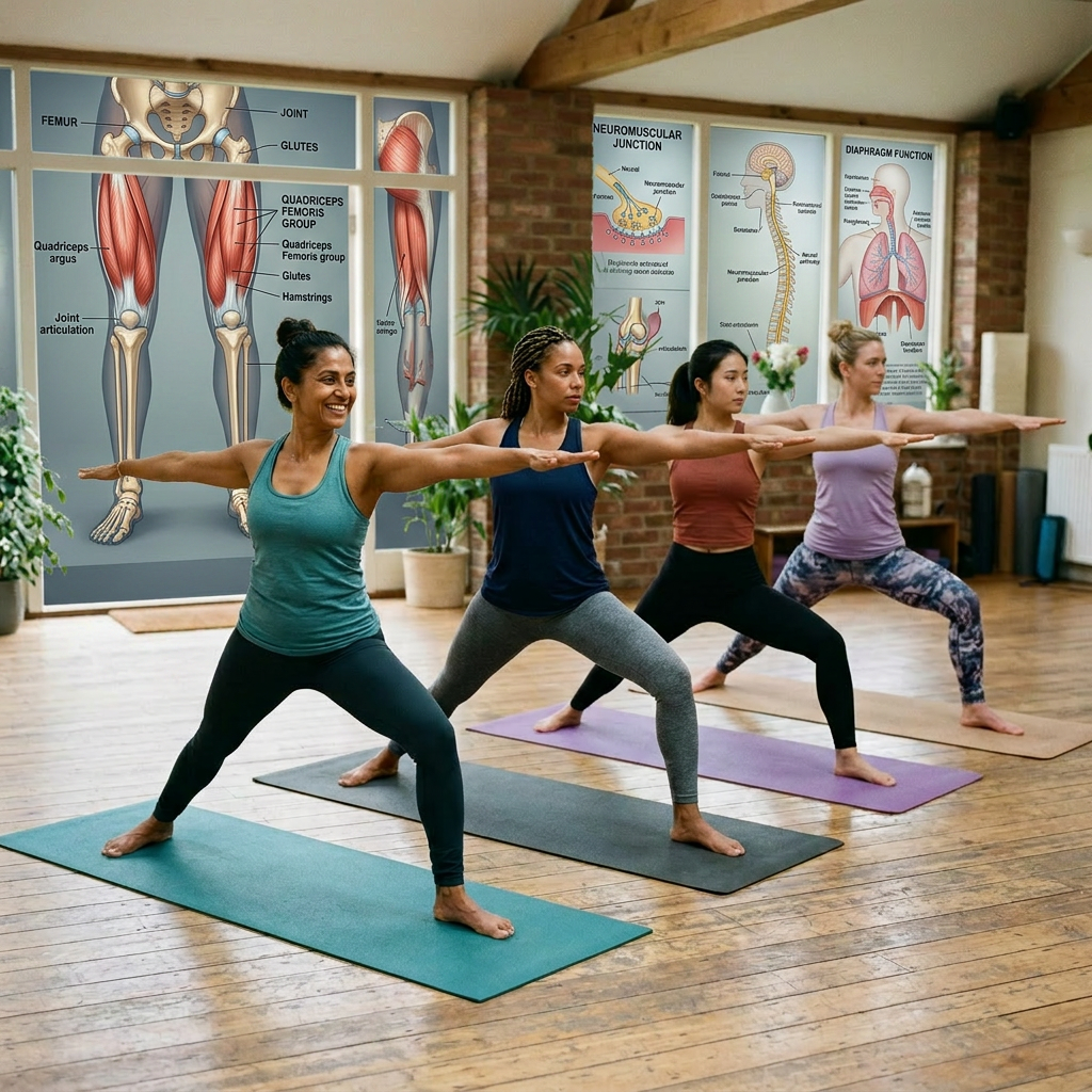 Gemini_Generated_Image_wlicf4wlicf4wlic Four women in a yoga studio doing warrior pose on mats